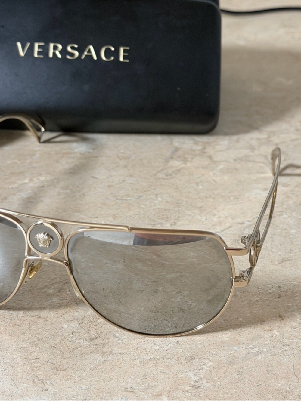 Versace Men’s Gold Frame Silver Mirrored Aviator Sunglasses